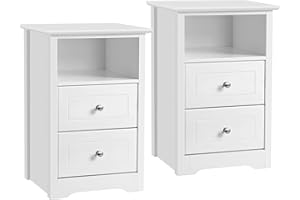 Yaheetech 2pcs Bedside Tables, Wooden Nightstand Cabinet with 2 Drawers and Open Cupboard, Sofa Side End Table Storage Unit for Living Room/Bedroom, White, 35 x 40 x 61cm