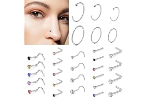 FENQURO 30 piercings para nariz, 20 g, acero quirúrgico, piercing para nariz con purpurina, aro de mariposa con forma de serpiente, circonita plateada, joyas para mujer y hombre