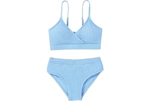 NAIYAFLY Girl's 2 Piece Swimsuit Solid Spaghetti Ribbed Bikini Sets Crop Top Brazilian High Waisted Beach Bathing Suit Swimwear for Teen Kids 8 9 10 11 12 13 14 Years
