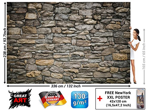 Fototapete Graue Steinwand Wand-dekoration – Wandbild Steinmauer Poster-Motiv by GREAT ART (336 x 238 cm) - 3