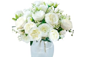 Hobyhoon 4 racimos de peonías artificiales para decoración, ramo de rosas falsas, flores de seda de tacto real, artificiales para jarrones, bodas, decoración del hogar (blanco)