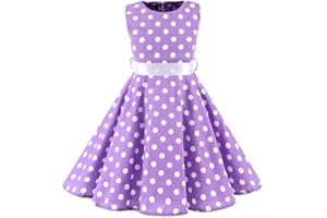 IWEMEK Robe Cérémonie Vintage Enfant Rockabilly Année 50/60 Retro à Pois Polka Dot Imprimé Floral de Soirée Fête Cocktail Noël Mariage sans Manches A-Ligne Midi 4-12 Ans