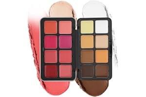 BEAUTY SEARCHER Paleta de 16 colores de corrector y colorete, 2 en 1 Paleta de corrector en crema mate, de aspecto natural, difuminable, Paleta de maquillaje facial con corrector y colorete