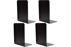 4 Pieces Heavy Duty Black Decorative Metal Bookends, VONDERSO Metal Book Ends Support for Shelves Divider Stopper Holder with Non-Slip Rubber Pad for Decor, Home, Office, Library, School, Gift