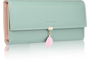 FT FUNTOR PU Leather Wallet for Women RFID Blocking Ladies Leaf Pendant Coin Zipper Long Purse with Multiple Card Slots and Card Holders Phone Pocket (Green)
