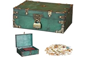 FENGQ Cofre del Tesoro de Madera Vintage con Cerradura, 24 x 17 x 10cm Cajas de Madera Vintage, Cofre Pirata Cofre Madera Candado con Tapa para guardar y decorar