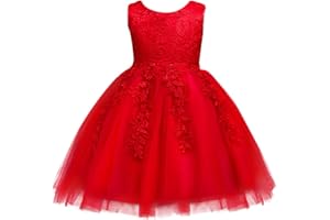 IWEMEK Robe Fille Mariage Fleur Dentelle Elegant Princesse Tutu Tulle Bébé Enfant sans Manche Col Rond avec Nœud Papillon 3D au Dos Cérémonie Demoiselle D'honneur Soirée Anniversaire Courte 18 Mois-10 Ans