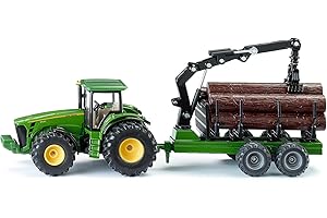 siku 1954, Tracteur John Deere avec Remorque Forestière, 1:50, Métal/Plastique, Vert, Bras de chargement et benne fonctionnels