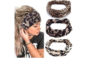 ‎YEAN Yean Boho-Yoga-Stirnbänder, breit, elastisch, Leopardenmuster, Turban, modisches Haarband für Frauen und Mädchen, 3 Stück (Leopardendruck)