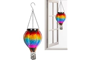 NEFLUM Hot Air Balloon Solar Lantern with Flickering Flame Light, Cleaning Energy Waterproof Outdoor Hanging LED Light, Rainbow Hot Air Balloon Landscape Light, Home Decor Portable Garden Metal Lamp