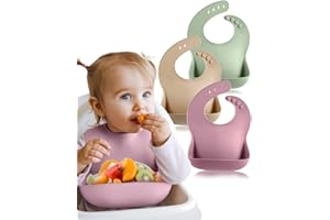 BebeCalin 3 Pack Baby Bibs 6-12 Months, BPA-Free Silicone Bibs, Soft & Adjustable Weaning Bib, Waterproof Easy to Clean Baby Feeding Bibs, Non-Messy with Large Food Catcher Pocket