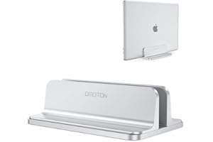 OMOTON Vertical Laptop Stand Adjustable, Desktop Aluminum MacBook Stand with Adjustable Dock Size, Laptop Holder Fits All MacBook, Surface, Chromebook and Gaming Laptops (Up to 17.3 inches), Silver