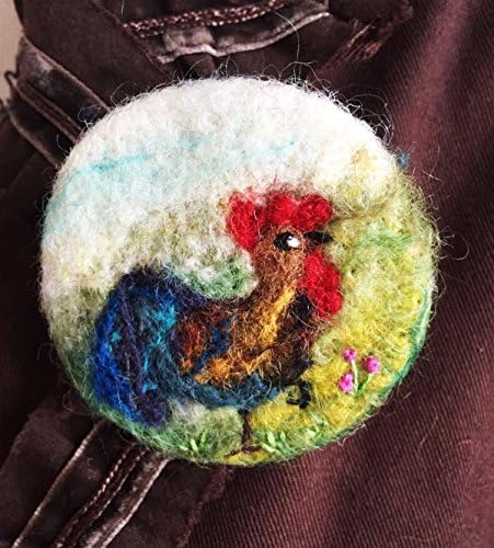 Chicken Needle Felted Brooch Merino Wool, Hand Embroidered badge 55mm across