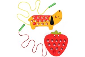 QZMTOY Montessori Holzspielzeug Fädelspiel Lernspiel Motorikspielzeug für 3 Jahre alte Reisespielzeug Kleinkind Spielzeug 1 Erdbeer und 1 Hund