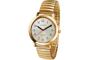 SHMIOU English Talking Watch Unisex for The Blind Visually Impaired Elderly Expandable Watch Band Golden Frame White Dial Quartz with Alarm