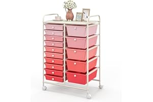 KOMFOTTEU Rollwagen mit 10/15 Schubladen stapelbar, Badrollwagen Rollcontainer mit Metallrahmen, Allzweckwagen Haushaltswagen Beistellwagen für Bad & Küche (Rosa, 15 Schubladen)