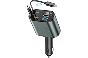 BOOTEEK 120W Cargador de Coche Retráctil 4 en 1 Cargador de Coche Adaptador con Cables Retráctiles y Pantalla de Voltaje, para Vehículos 12/24 V, Compatible con Android, Samsung Galaxy