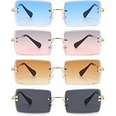 HTTDSLF 4 Pieces UV400 Frameless Rectangle Sunglasses, Retro Square Rectangular Sunglasses, Rectangle Rimless Sunglasses, Men