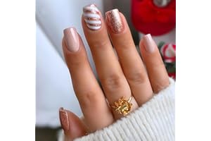 JUSTOTRY 24 Stück Weihnachten Nägel Zum Aufkleben Kurz Motiv,Glitter Rose Eckig Press on Nails mit Kleber,Festiva French Künstliche Nägel,Weiß Swirl Square Fingernägel Fake Nails für Frauen