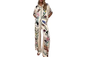 Yassiglia Women Summer Boho Print 2 Piece Outfits Button Down Shirt and Wide Leg Pants Set Holiday Lounge Wear Beachwear Trouser Suits for Women