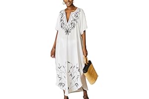 L-Peach Damskie kwieciste haftowane kimono, długa letnia sukienka maxi, kaftan, na plażę, okrycie górne boho