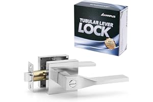 ANNFUZ Square Privacy Lever Door Handle Lock Without Key,Interior Turning-Thumb & Keyless Exterior Emergency Access for Bedroom,Bathroom,Room,Reversible Left&Right Handle Heavy Duty(Satin Nickel)