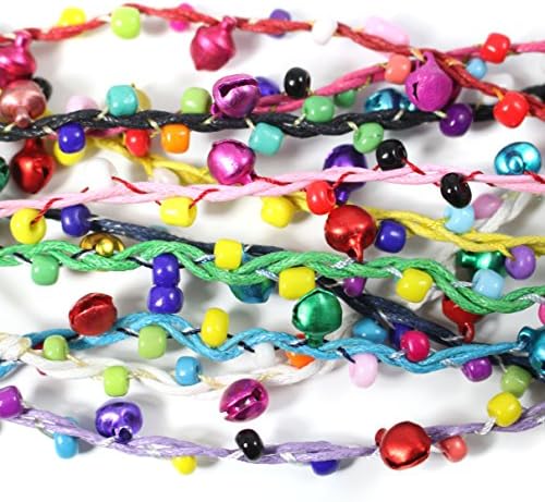 10 x Different Coloured Friendship Bracelets Braided With Tiny Interwoven Metal Bells