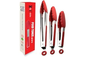 HelpCuisine® Pince Cuisine Barbecue en Acier Inoxydable et Silicone sans Bpa, antichaleur avec Support de Verrouillage Automatique Lot de 3 Pinces (18&23&31cm/Rouge), 24 Mois de Garantie!