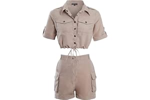 shelikes Womens Ladies Cargo Crop Top Shorts Co ord Festival Tie Front Pocket Set