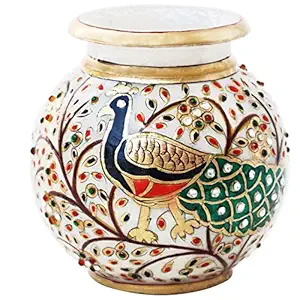 Handicrafts Paradise Peacock Motif Kundan Studded Marble Flower Pot (12.75 cm x 12.75 cm x 12.75 cm)