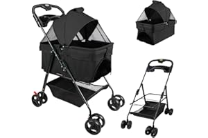 OHMG Poussette Chien 3 en 1,pour Chat Pliable,Detachable Panier de Rangement,Roues Résistant à l'Usure à 360°,Fenêtre en Filet,Buggy Poussette pour Petits Chiens et Chats,Jusqu'à 20 kg