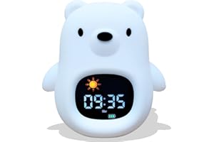 GÉNÉRIQUE Reveil Enfant Educatif Jour/Nuit - Veilleuse Enfant Musicale et Lumineuse, Horloge Éducative avec Musique Relaxante - Bruit Blanc, Décoration Chambre Bebe, Réveil lumineux – 4niv de Luminosité (Ours)