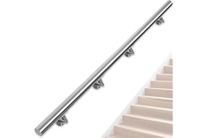 OUUTMEE Pasamanos de acero inoxidable para escaleras, 250 cm, montado en la pared, con soportes, redondo, diámetro de 42 mm, pasamanos interior exterior para ático, porche, garaje o terraza