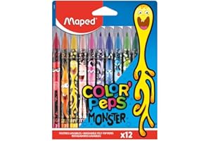 Maped - Feutres Monster Color’Peps - 12 Feutres de Coloriage Fun et Originaux - Lavables et Résistants au Séchage - Feutres Décorés Monstres Rigolos 845400