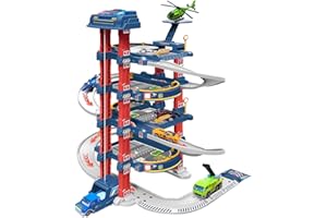 XWIN SPORTSERIES Xwin 82PCS Car Garage Toys for Boys with 6-Level Parking Garage, Helipad Automatic Elevator, Cars, Traffic Signs and Play Mat - Multi-Storey Car Ramp Toy for Kids Age 3+ Years