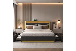 DAHUEN 180 x 200 cm vadderad dubbelsäng med 4 lådor, dubbelsängsram med USB/Type-C laddningsstation, LED-lampor, linnesäng (g