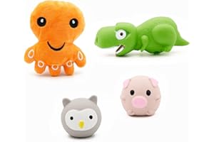 KÁNIDA Juguetes para Cachorros, Juguetes para Perros, 4 PCS, Cerdito y Buho de Látex Interactivos, Limpiador de dientes, Divertido Dinosaurio Chirriante, Pulpo sorpresa de peluche para Perro.4 Mordedores