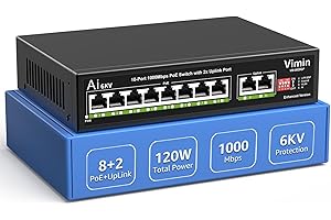 Switch Gigabit PoE 10 Ports avec 8 Ports PoE, VIMIN Switch Réseau PoE 8 Ports Non Géré 10/100/1000Mbps avec 2 Ports Uplink, AI Watchdog, VLAN, Extension 250m, Supporte IEEE802.3af/at