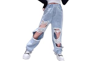 Hangzhikids Girls' Casual Elastic Waist Wide Leg Jeans Cool Ripped Jeans Age 5-14 Years