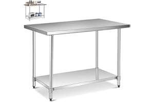 GiantexUK Stainless Steel Catering Table, 48x30Inch/48x24Inch/36x24Inch Commercial Work Table with Adjustable Shelf & Non-slip Footpads, Heavy Duty Food Prep Workbench for Kitchen Garage (122x76x92cm)
