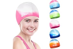 Swimming Cap Kids, Swim Caps for Girls Boys Children Aged 5-14, GIKOY Comfortable Stretchable Swimming Hats for Long Hair, Silicone Odour Free Waterproof Swim Hat, Non-Slip lining & Keep Hair Dry