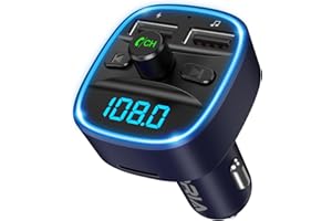 ORIA Samochodowy transmiter FM Bluetooth 5.3, adapter Bluetooth z 2 portami USB (2,4 A i 1 A), adapter do radia samochodowego, zestaw głośnomówiący, wyświetlacz LED, karta TF i pamięć USB, niebieski
