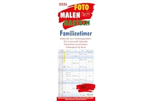 Foto-Malen-Basteln Familientimer 2026: Familienplaner mit 4 Spalten als Fotokalender zum Selbstgestalten. Familienkalender mit Ferienterminen und festem Bastelpapier.