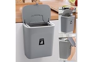 Warmiehomy Kitchen Cupboard Bin with Lid 9L Wall Mounted Trash Bin with Pressure Ring Hanging Waste Rubbish Bin with Sliding Cover for Cupboard, Bathroom, Grey