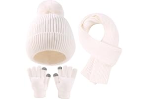 Yaopelky Juego de guantes para pantalla táctil, gorro de punto cálido con pompón, bufanda larga, calentador de manos