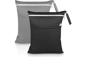 SLETIE 2 Packs Wet Bag, Waterproof Wet Dry Bags, Reusable Washable Cloth Diaper Bags, Nappy Bag with Double Zipper Pockets for Baby Items Swimming Camping Travel Beach Pool Bag (Black+Grey)