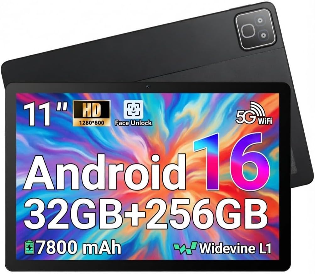 MUISOO Tablet Android 16, Tableta de 11 Pulgadas, 32GB RAM+256GB ROM (TF 1TB), 7800mAh, 5 Núcleos, 1280 * 800 Pantalla HD, WiFi 6, Widevine L1, Bluetooth 5.4, 5MP+8MP, Face ID, GPS Tableta Pad