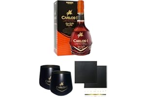 UNBEKANNT Carlos I Gran Reserva 12 Jahre Spanien 0,7 Liter + Carlos I Glas + Carlos I Glas + Schiefer Glasuntersetzer eckig ca. 9,5 cm Ø 2 Stück