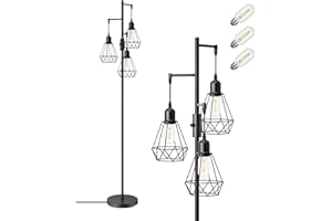 EDISHINE Industrial Floor Lamp with 3 LED Bulbs, Diamond Cage Lampshade, Dimmable Standing Lamp for Living Room, Bedroom, Office, E27 Sockets