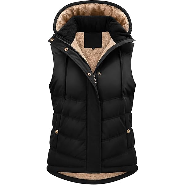 Outdoor Ventures Gewatteerd damesvest met capuchon, opvouwbare overgangsvesten, gevoerd hybride sportvest, warm fietsvest met opstaande kraag, voor wandelen, kamperen, zwart, XXL